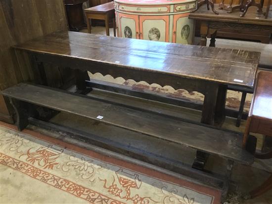 Narrow oak refectory table & 2 benches